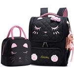 Waterproof Cute Cat School Backpacks for Girls Cute Kids Book Bag Travel Daypack (Small, B-Black Set)