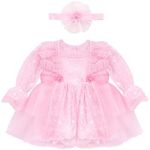 Lilax Baby Girls' Lace Floral Embroidered Dress, Christening Baptism Dress Pink