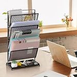 File Folder Organizer Vertical Desk Drawer Organizer 4 Tier Mesh Magazine Paper Holder Rack with Bottom Flat Tray for Home Office Supplies, Black