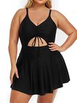 Summer Mae Women's Plus Size One Piece Swim Dress Floral Cutout Swimsuits V-Neck Bathing Suit with Skirt Black 16 Plus