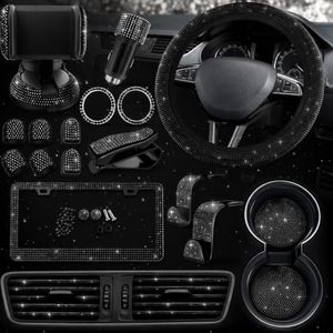 Black Bling Car Accessories Set - 27 Pieces Car Interior Kit with 14,5-15" Rhinestone Steering Wheel Cover, Diamond License Plate Frame, Phone Holder, Coaster & Hook, Great Gift