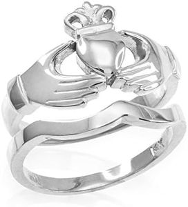 Solid 925 Sterling Silver Two-Piece Claddagh Engagement and Wedding Ring Set, Silver