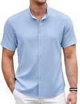 COOFANDY Men's Mandarin Collar Shirts No Collar Chambray Short Sleeve Shirts