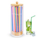 Plastic Straw Dispenser and 100 Pcs Drinking Straw Organizer Container with Bamboo Lid (10-Inch Height)