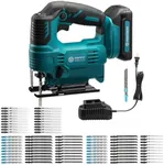 WOODSTARTER Cordless Jigsaw Tool with Battery & Charger and 80 Piece T-Shank Multi-Purpose Jigsaw Blades Set Bundle