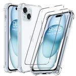 For iPhone 15 Case and Screen Protector,2Pack iPhone15 Tempered Glass With Clear Phone Case,Soft TPU Shock-Absorption Transparent Cover for Apple iPhone 15 2023 6.1 inch,[3 in 1 Kit]