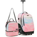 NEW TILAMI 19 Inch Rolling Backpack with Lunch Bag for Girls Boys Wheeled Laptop Backpack Durable Carry-on Bag School Travel, Pink, 19 inch, Daypack Backpacks