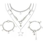 2 Pieces Silver Star Necklace Y2K Jewelry Set Grunge Necklace Kawaii Cute Necklaces Aesthetic Vintage Emo Jewelry, Medium, Metal, Rhinestone