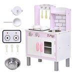 HOMCOM Kids Kitchen Play Set Wooden Pretend Play Toy w/Sounds Utensils Pans Storage Child Role Play Accessories for 3 Years+ Pink