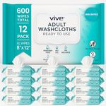 Vive Disposable Washcloths for Adults & Elderly (12 Pack - 600 Count - 8"x12") – Incontinence Wipes for Men & Women – Hypoallergenic No Rinse Adult Body Wipes for Sensitive Skin – Unscented