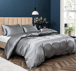 P Pothuiny Satin Duvet Cover Full/Queen, Single Soft Duvet Cover Only, Luxury Silky Like Grey Duvet Cover 90/ x 90/ Sold Separately - Zipper Closure & Corner Ties Grey (No Comforter) Jin230419-017