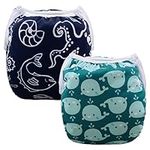 ALVABABY Swim Diapers 2pcs Baby Toddler Infant Snap One Size Reusable Adjustable Washable 0-2 Years Old Baby Boys Swim Diaper for Swimming Lessons Pool Dolphin