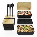 Bite Box Lunchbox 1400ml Modern 2 Tier Lunch Box with Bamboo Lid, 3 Piece Cutlery, Bento Divider and Leak Proof Strap Eco Friendly, BPA Free Suitable for Adults and Children Adult Lunch Box, Black