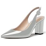 WAYDERNS Women's Thick Patent Leather Pointed Toe Slingback Ankle Strap Block High Heel Pumps Shoes 3 Inch, Grey, 6