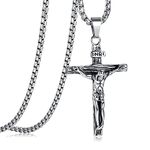 JeweBella Cross Necklace for Men Women Stainless Steel Jesus Crucifix Cross Pendant Venetian Chain 61 CM Silver/Gold/Black Religious Jewellery Gift