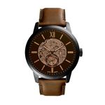 Fossil Men's Townsman Automatic Stainless Steel and Leather Three-Hand Skeleton Watch, Color: Black, Dark Brown (Model: ME3155)