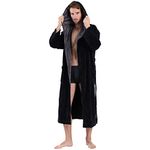 SeaKanana Mens Large Hooded Long Black Bathrobe with Chest Button,Big Tall Fleece Housecoat Extra Lightweight and Warm - Large