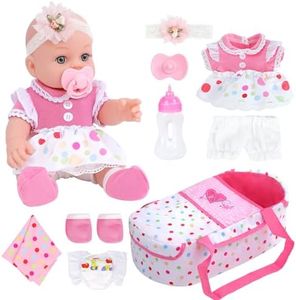 DONTNO 12 Inch Baby Doll with Bassinet Bed,Reborn Alive Doll Includes Clothes and Accessories,Bottles,Nipple,Diaper,Burp Cloth,First Baby Dolls for Toddlers 36 Months and Up