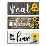 COLOR VALLEY ART Eat Kitchen Wall Decor, 3 Pcs Eat Drink Love Wood Sign Plaque, Farmhouse Wooden Hanging Wall Decoration for Kitchen Dining Room Bar Cafe (Sunflower Style, 4 x 10 inch)