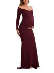 Eavoqinjiaf Maternity Dress Off Shoulder Maternity Gown Long Sleeve Cross-Front V Neck Photography Dress for Photoshoot Burgundy