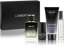 LOVERY Mens Gifts Black Amber Mens Perfume 4 in 1 Deodorant & Cologne Gift Set - 4pc Mens Cologne Set - Parfum, Antiperspirant Deodorant Stick, Aftershave Gel, Masculine Birthday Perfumes for Men