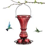 Beserie Hummingbird Feeder for Outdoors Hanging, Glass Hand Blown Hummingbird Feeder with Perch, 20 Fluid Ounces Humingbird Nectar Capactiy with 5 Flower Feeding Ports, Decor Garden, Red (Red)