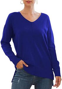 Jouica Women's Casual V Neck Long Sleeve Knit Top Loose Pullover Sweater,Royal Blue,X-Large