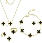 OSIRIDEH2 Clover Jewelry Set 18K Gold Plated Stainless Steel Necklace with Flower Design Four leaf clover for Women, Elegant Four Leaf Clover Necklace Floral (Gold Black-03), Stainless Steel, No