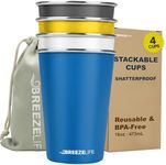 Breeze Life Stainless Steel Metal Cup Drinking Tumblers, Stackable, Shatterproof, Great for Camping, Outdoor Picnic, Festivals, BBQ Tailgating, 4-Pack, Blue, Gray, Yellow, White.