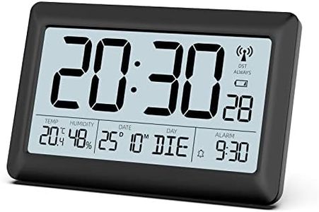 LATEC Digital Wall Clock with Temperature Display and Humidity Display, Radio-Controlled Digital Clock with Backlight, Date, Day of the Week, Large, 20 x 13 x 1.2 cm (with Batteries)