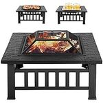 FDW Outdoor Fire Pit for Wood 32" Metal Firepit for Patio Wood Burning Fireplace Square Garden Stove with Charcoal Rack, Poker & Mesh Cover for Camping Picnic Bonfire Backyard