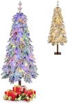 Goplus 6 FT Pre-Lit Snow Flocked Pencil Christmas Tree, Artificial Hinged Slim Xmas Tree with 458 Branch Tips, Warm-White & Multi-Color LED Lights, 11 Light Modes, for Holiday Office Home Party Decor