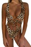 CHYRII Women's Sexy Cutout Lace Up Backless High Cut One Piece Swimsuit Monokini, Leopard, Medium