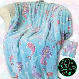 Blanket Buddies Mermaid Narwhal Throw Blanket: Glow in The Dark, Cozy, Soft, Warm, Fleece Girl Blanket with Starfish, Pearls, and Cute Mermaids 50" x 60" (Teal)