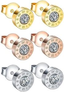 INFINIONLY Men's Boy's Stainless Steel Earrings Studs Novelty Earrings for Women Roman Numerals Stones Earrings Diameter 8mm Creative Stainless Steel Jewellery, Cubic Zirconia