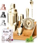 Barillio Gold Bartender Kit - Stainless-Steel Cocktail Shaker Set w/Bamboo Stand - Mixology Bar Tools w/Shaker, Drink Mixer Spoon & Muddler for Cocktails - Home Bar Accessories - 10-Pc Bar Set