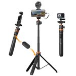 K&F Concept 62'' Phone Selfie Stick Tripod, Compact Camera Tripod with Phone Holder, Ball Head, Detachable Remote Control, Action Camera Adapter Compatible with GoPro/Insta360 X5X4/DJI OSMO Pocket 3