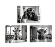 TEKMENT Wall Art Funny Animals Canvas for Bedroom Bathroom Home Decoration, 3 Panel Gorilla Giraffe Highland Cattle Oil Painting Print Picture Decor Artwork, Gallery Wrapped Gift Inner Frame, 12x16x3