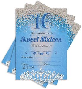 Sweet 16 Sixteen Birthday Party Double Sided Blue Invitations, Set of 25 5x7 Girl's 16th Birthday Invitations includes Envelopes (One Name/Blue)