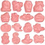 16 Pcs Halloween Cookie Cutters, 3D Cookie Cutter with Plunger Stamp, Halloween Cookie Molds -Ghost, Bat, Pumpkin, Cat, Castle,Tombstone, Witch, Spider, Skull, Etc.