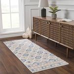 Hauteloom Tilos Moroccan Farmhouse Hallway, Entryway Shag Runner Rug - Shaggy Long Runner Rug - Trellis Pattern - High Plush Pile - Blue, Cream, Beige - 2'7" x 7'3"