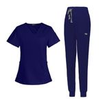 Baoblaze Female Scrub Set, Durable Short Sleeves v Neckline Top and Pants Work Clothing (M, Dark Blue)