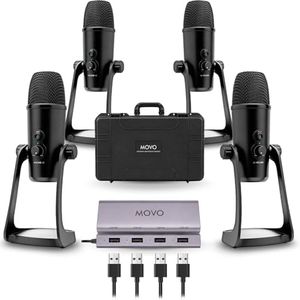 Movo 4-Person USB Podcast Equipment Bundle – 4 Condenser Mics, Hub & Case