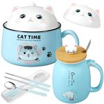 FoldTier Set of 2 Ceramic Cat Mug and Ramen Bowl with Lid 15.2 oz Microwave Cat Coffee Cup 34.5 oz Cat Ramen Bowl with Lid Chopsticks Spoon for Cat Lovers Christmas Birthday Gifts(Blue)