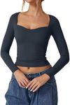 QINSEN Womens Sweetheart Neck Long Sleeve Basic Tops Slimming Fit Tee Shirt Trendy Crop Top, Navy, X-Large