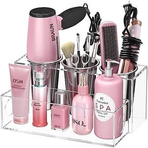 BYUNER Hair Tool Organizer Acrylic Hair Dryer Bathroom Countertop Blow Dryer Holder Bathroom Trays Holders Organizers Vanity Caddy Storage for Makeup Toiletries Clear