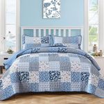 Mybedsoul Blue Quilt Set California King, 2 Pieces Plaid Floral Bedspread Set Patchwork Reversible Bedding Set Microfiber Lightweight Bedspread Coverlet Set for All Season 112"x96"