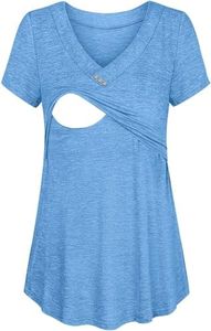 Joymom Nursing Tops for Breastfeeding, V Neck Pregnancy T Shirt Women Soft Loose Fitting Flared Aline Hem Cute Blouse Button Details Tops Maternity Tunic Blue XL