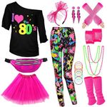 80s Outfit Accessories for Women,Yoga Pants Lips Print T-Shirt Tutu Fanny Pack, 1980s Neon Retro Costume