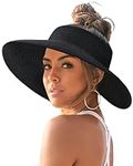 FURTALK Sun Visor Hats for Women Wide Brim Straw Roll Up Ponytail Summer Beach Hat UV UPF 50 Packable Foldable Travel Black